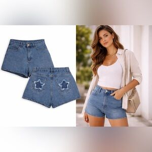 Denim Shorts with Star Back Pockets Fringe Detail Western Daisy Duke Jorts L